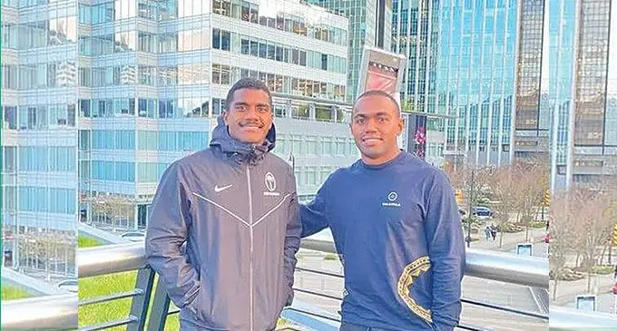 From left: Fiji Airways Fijian 7s reps Filipo Bukayaro and Waisea Nacuqu outside the Caccus Club cafe in Vancouver, Canada, on April 13, 2022 . Photo: Supplied