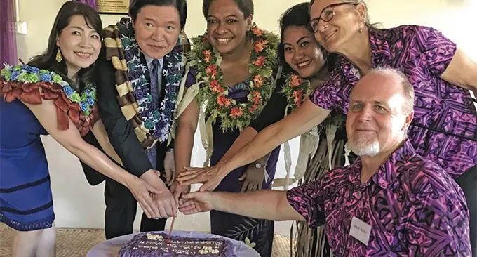 rom left: The wife of Japanese Ambassador to Fiji, Akiko Omura, Japanese Ambassador to Fiji Masahiro Omura, Minister for Women, Children and Poverty Alleviation Mereseini Vuniwaqa, the wife of New Zealand High Commissioner to Fiji, Florence Curr, Lynn Roche and Homes of Hope Pastor Mark Roche with the staff of the Japanese Embassy in Fiji and Homes of Hope during the opening of the upgraded training facilities at Homes of Hope in Wailoku, Tamavua, on March 8, 2019. Photo: Ashna Kumar 