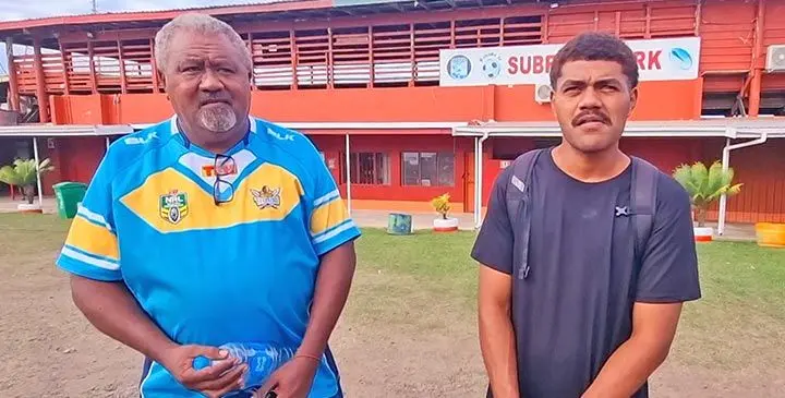 From left: Labasa football men's goalkeeper, Jioji Vuakaca Junior with dad Jioji Vuakaca Senior at Subrail Park in Labasa on July 26, 2025. Photo: Sampras Anand