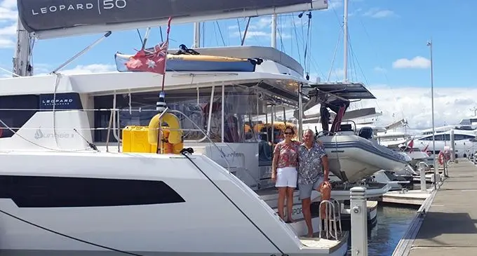 From left: Margy Hewetson and Russel Stephens onboard their yacht Sunrise at Port Denarau Marina on August 4.  Photo: Charles Chambers