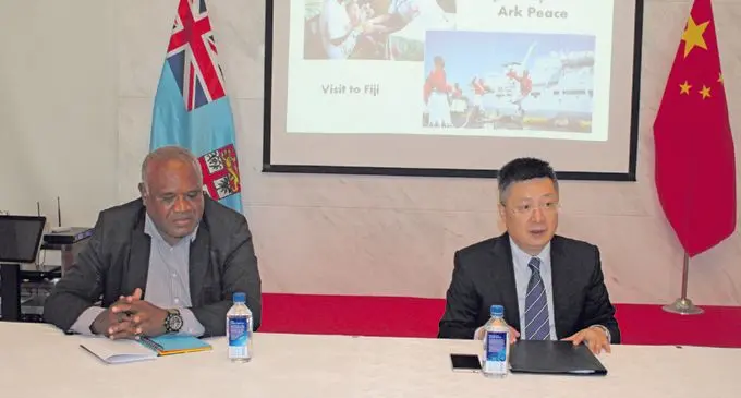 National Manager Blood and Ambulance Services, Josefa Bolaqace and Ambassador Extraordinary and Plenipotentiary of the People's Republic of China Qian Bo during the press confrence for the Peace Art Hospital Ship on July 23,2018.Photo:Wati Talebula