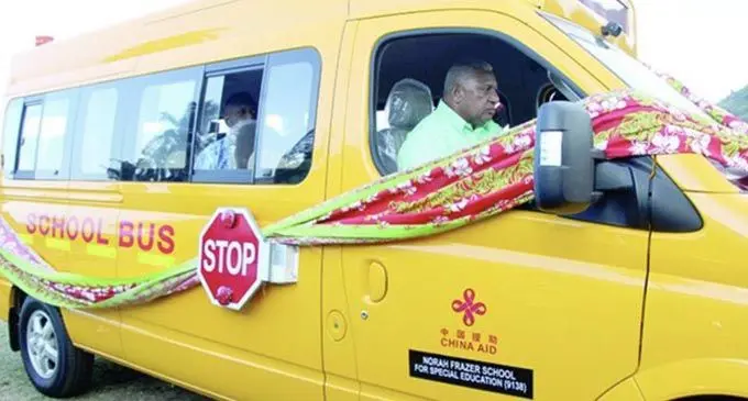 Prime Minister Voreqe Bainimarama in the bus donated to the students of Norah Fraser School for special education .
