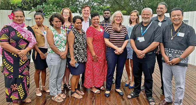 Pacific journalists taking part in the Nationally Determined Contributions (NDC) media dialogue in Suva on September 1, 2022. From L-R Front: Vicky Lepou, Pacific Environment Weekly SAMPOD, Sharon Nanau journalist at Solomon Islands Broadcasting Corporation, Kelera Tuisawau Fiji Sun Climate journalist, Losirene Lacanivalu, Fiji Sun Sub-Editor, Elena Turagaiviu, Fijian Broadcasting Corporation Northern Editor, Iris Rotzoll, Project Hub Manager, Filokalafi Akauola Talaki Online Editor, and Moses Uludong, owner of the Tia Belau newspaper. Back from left: Kirsten DFAT, Immanuel Gebhardt GIZ Country Director, Rashneel Kumar, Cook Islands News Editor, Roxane European Union and Rimon Rimon Kiribati, Investigative Freelance Journalist. Photo: Regional Pacific NDC Hub.