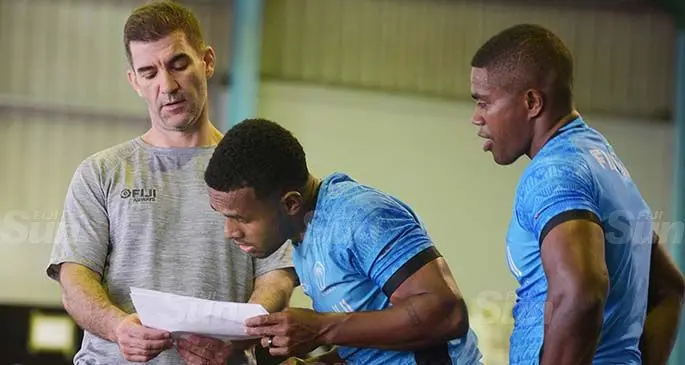 National 7s Squad coach Gareth Baber with Terio Tamani and Nasoni Tavuki during their first team gym session post COVID 19 at HPU gym on June 26, 2020. Photo: Ronald Kumar.