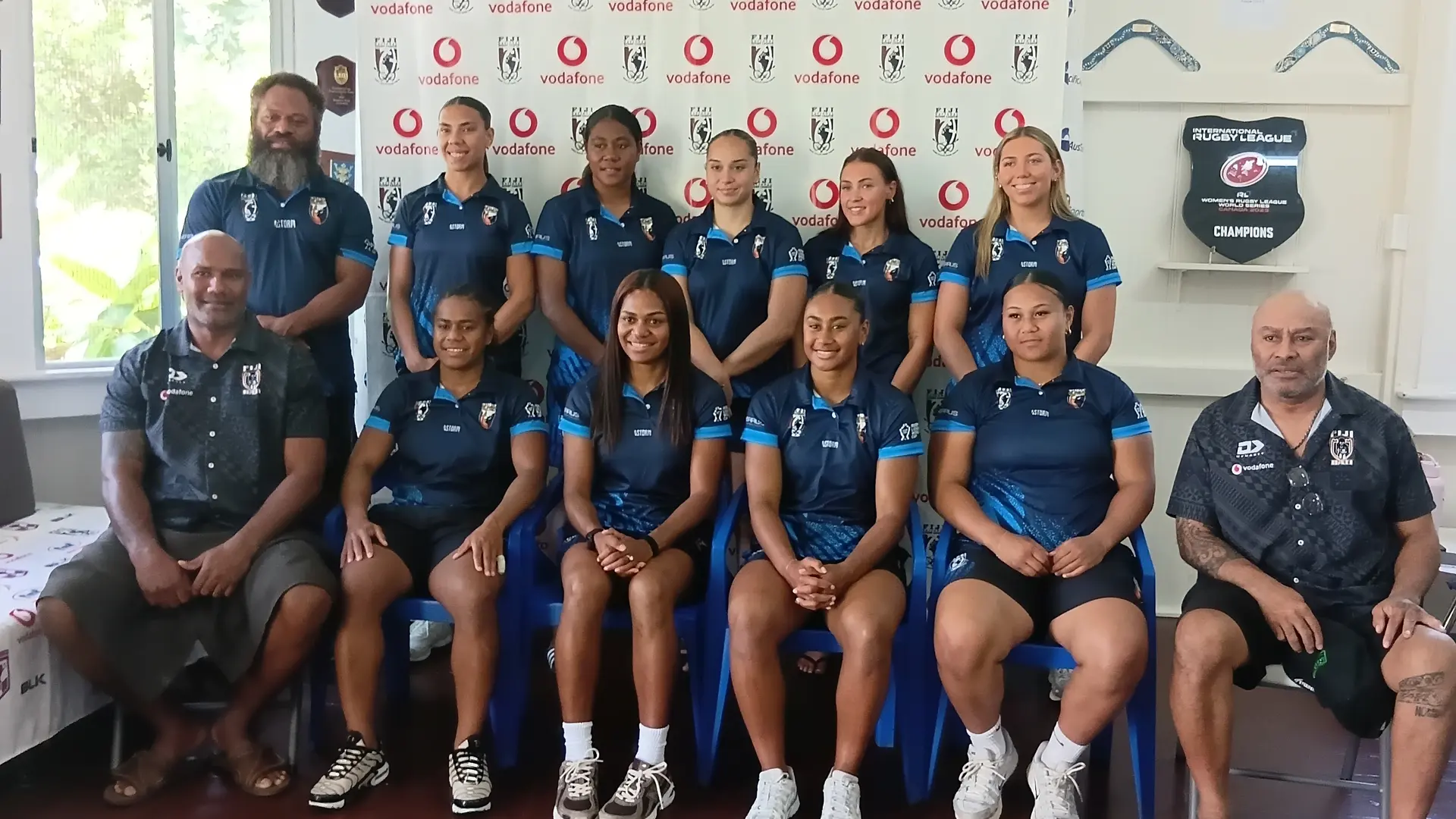 Fiji Bulikula players with their assistant coaches and head coach Jone Wesele (standing, left) after the squad announcement at the FNRL headquarters, Suva, on October 7, 2026. 