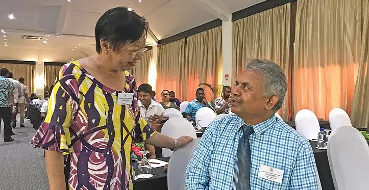 Fiji Institute of Chartered Accountants executive member, Lorraine Seeto, with Life Insurance Corporation of India general manager Pradeep Singh, at the Fiji Institute Chartered of Accountants technical workshop, at Warwick Fiji, on March 18. Photo: Nacanieli Tuilevuka