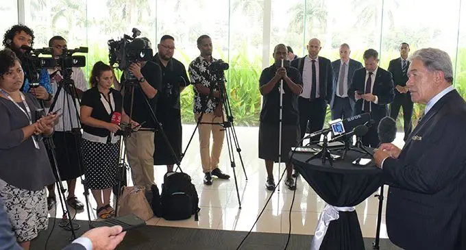 New Zealand’s Deputy Prime Minister Winston Peters (right) while addressing local and New Zealand media on his Fiji visit at the Grand Pacific Hotel in Suva on February 27, 2019. Photo: Ronald Kumar