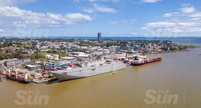HMAS Adelaide at the Kings wharf in Suva on January 8, 2021 Photo: Leon Lord