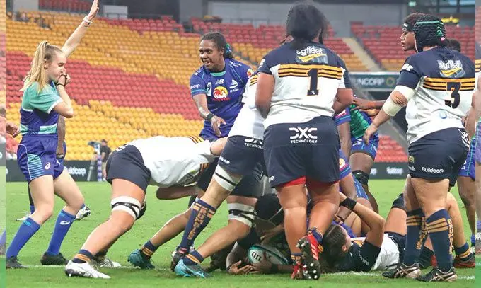 Rooster Chicken Fijiana Drua prop Joma Rubuti scores one of their three tries from a forward move against Brumbies in their Super W clash at the Suncorp Stadium in Brisbane, Australia. The Drua won 17-7 to book their spot in the Super W grand final, which is to be played on April 23 at AAMI Park in Melbourne, Australia. REPORTS ON PAGES 8 AND 36. Photo: FRU Media