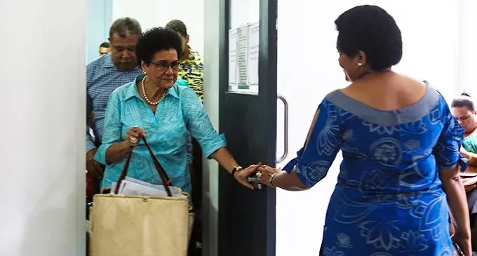 Mere Samisoni leads the way out of the court followed by Watisoni Nata on January 30, 2020.  Photo: Kelera Sovasiga