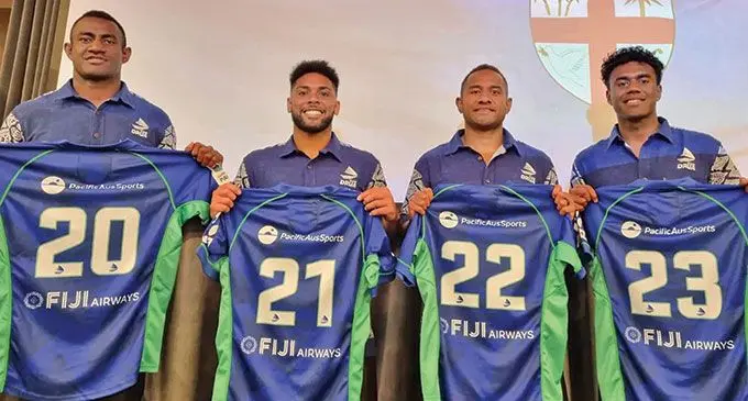 Swire Shipping Fijian Drua’s new caps for the Super Rugby Pacific competition (left-right) Ruisate Nasove, Josh Vuto, Teti Tela, Jona Mataiciwa on March 4, 2022. Photo: Fijian Drua