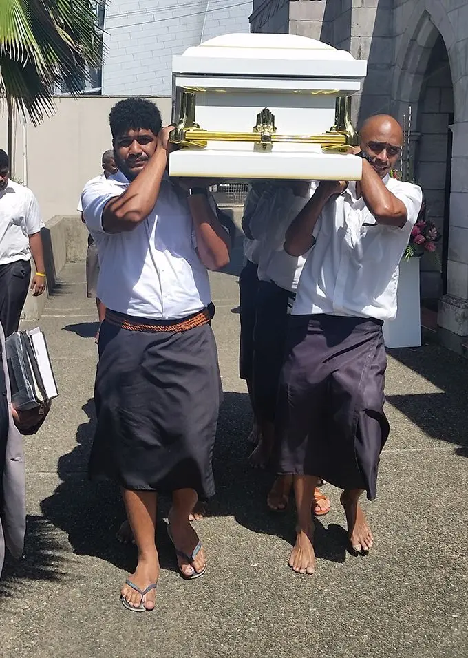 The pall bearers taking the late Ambassador Cama Tuiqilaqila Tuiloma’s casket from the Centenary Church to the hearse.  Photo: Kelera Sovasiga