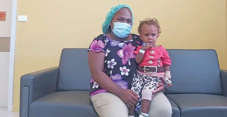 Jenny Barafari with her daughter Beverlyn James at Sri Sathya Sai Sanjeevani Children’s Hospital in Suva on Wednesday 19, 2023. Photo: Ashna Kumar