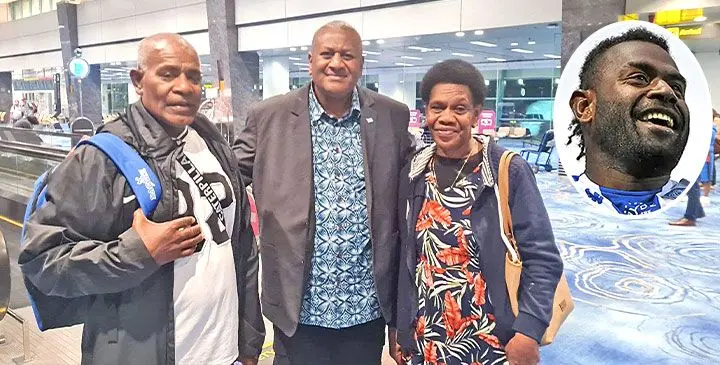 Tevita Raisuqe (left) and wife Mereani with Assistant Minister for Health Penioni Ravunawa at Singapore’s Chengi Airport on May 15, 2025. Photo: Melaia Katonivualiku INSET: The late Josaia Raisuqe