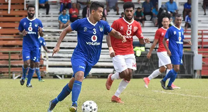 Lautoka midfield general Zibraaz Sahib looks for a gap in the Rewa defence as Josaia Sela closes in during their Vodafone Premier League clash at Ratu Cakobau Park, Nausori on July 26, 2020. Sela scored Rewa’s lone goal. Photo: Fiji FA Media