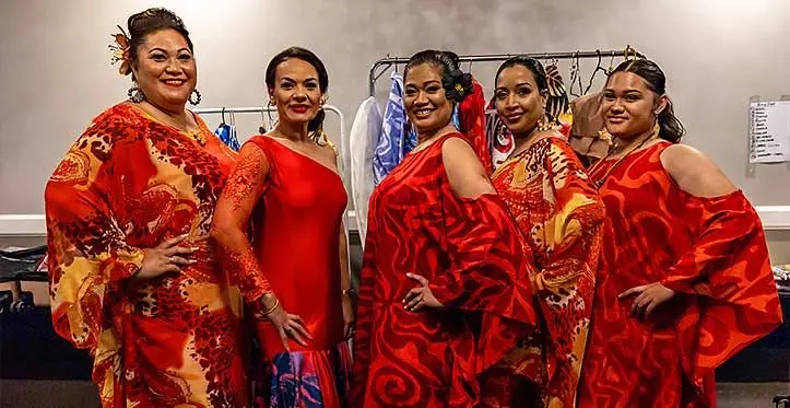Models in red dresses at the 2023 Frangipani Gala in Australia on April 15,2023.