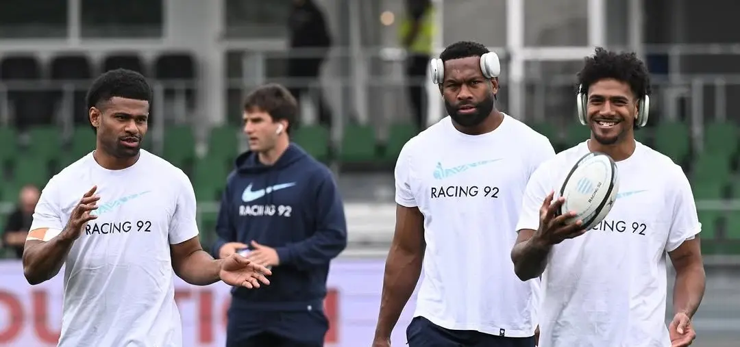 Racing 92 Fijian players (in white), from left, Wame Naituvi, Lekima Tagitagivalu and Selesitino Ravutaumada. The trio are likely to be named in the Flying Fijians wider squad later this week for the Nations Championship. Photo: Racing 92. 