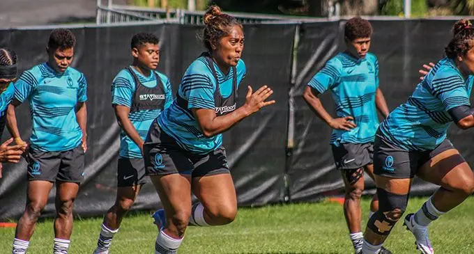 Fijiana XVs forward Bitila Tawake (third from left) training with teamamtes in Auckland in New Zealand on October 11, 2022. Photo: FRU Media.