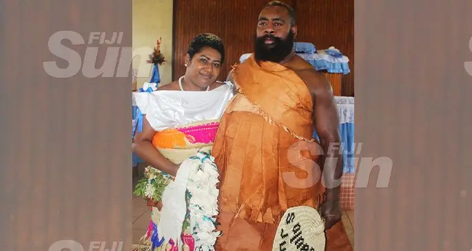 Fiji Airways Flying Fijians prop Manasa Saulo with his wife Kelera during their wedding at the Tamavua Methodist Church in Suva on October 26,2019. Photo: Simione Haravanua