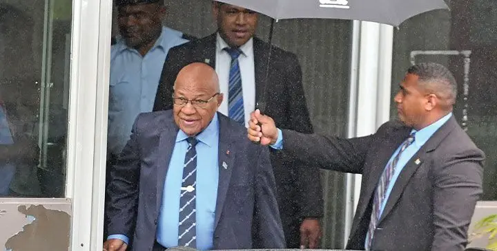 Prime Minister Sitiveni Rabuka outside his office on his way to Parliament through the Speaker’s Chamber on March 12, 2025. Photo: Ronald Kumar