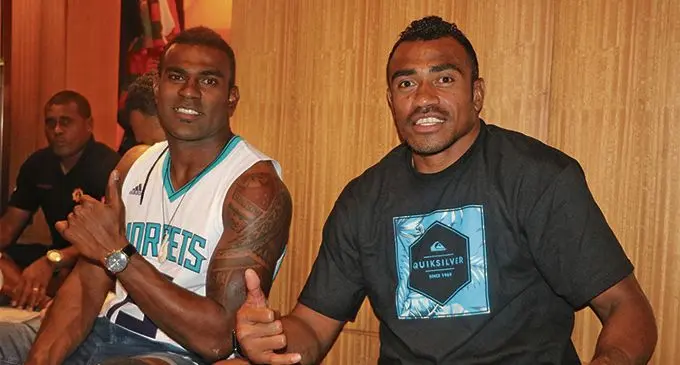 From left: Joe Ravouvou and Kameli Soejima during the celebration at the Kerry Hotel in Kowloon. Photo: Kelepi Abariga of USFT