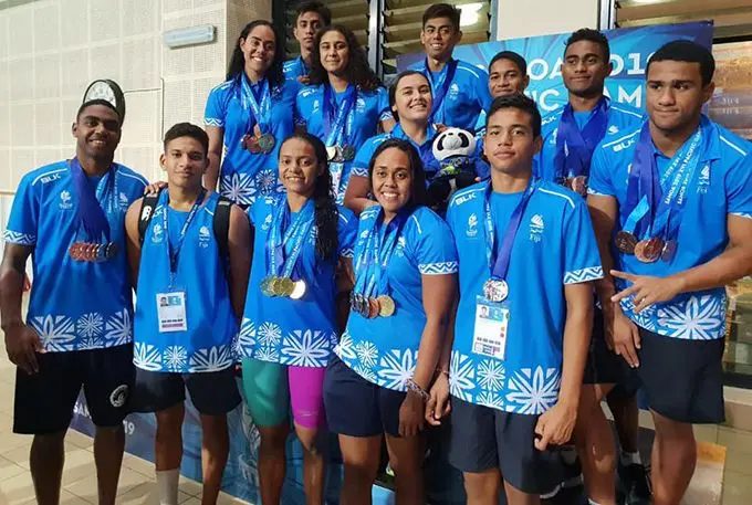 Team Fiji swimmers at the Pacific Games in Apia, Samoa on July 13, 2019. Photo: Fiji Swimming