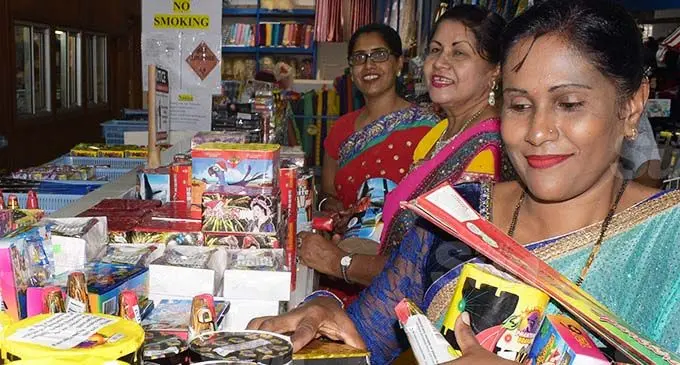 From left: Anuradha Chand, Prakash Lata and Roshni Singh shop for their Diwali firecrackers at Mahesh Syndicate shop in Suva on November 12, 2020. Photo: Ronald Kumar