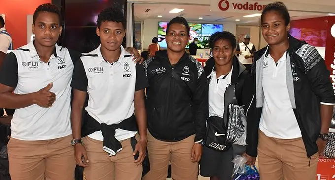 From left: Fiji Airways Fijiana 7s reps Viniana Rawai, Vasiti Solikoviti, Lavenia Tinai, Ana Maria Roqica and Priscilla Siata at the Nadi International Airport on February 3, 2020. Photo: Waisea Nasokia