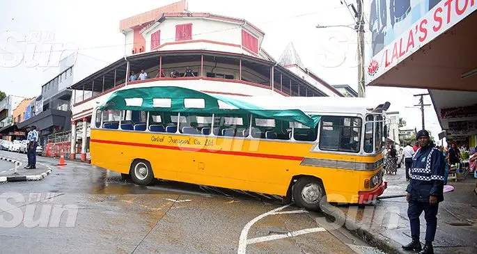 A Central Bus driver failed to negotiate a bend at Waimanu Road in Suva hitting the side of the road and damaged the road sign on October 30, 2019. Photo: Ronald Kumar