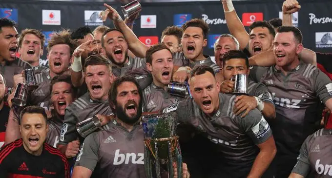 BNZ Crusaders rugby team celebrates 2017 Super Rugby win. Photo: Zimbio