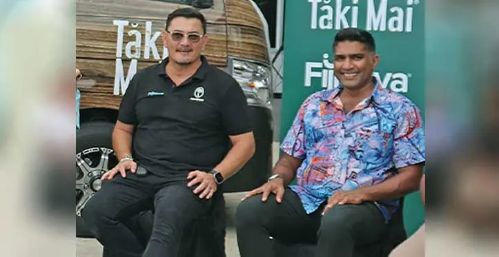 The Calmer executive director, Zane Yoshida (left) with CJ Patel (Pacific) Ltd head of supply and logistics, Ashvind Sharma, after the deal was announced in Navua, on March 25, 2023.