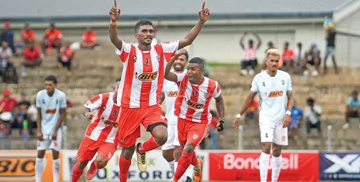 Extra Supermarket Labasa’s Melvin Mani (7) celebrates after scoring a goal against Rewa during the BiC Fiji FACT final at the HFC Bank Stadium, Suva on June 8, 2025. Photo: Josua Buredua