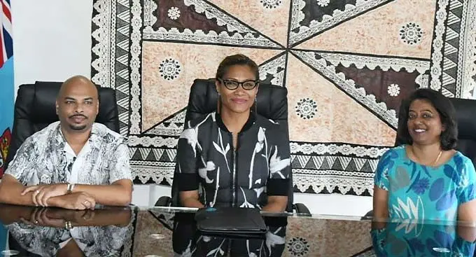 Sitting from left: Assistant Minister for Women, Children and Poverty Alleviation Sashi Kiran, Minister for Women, Children and Poverty Alleviation Lynda Tabuya and Permanent Secretary Ashwin Rai on December 28, 2022. Photo: DEPTFO