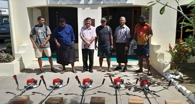 Minister for Multi-Ethnic Affairs Charan Jeath Singh (third from the left) with village representatives during the handing-over of brushcutters at the Grand Eastern Hotel in Labasa on May 11, 2023.