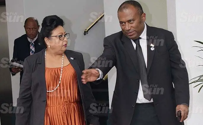 Assistant Minister for Women Veena Bhatnagar (left) and Minister for Health Iferemi Waqainabete outside Parliament on 27, 2020. Photo: Ronald Kumar.