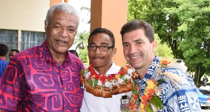 Former national sevens rep Viliame Cegumalua,  his grandson Ratu Nacanieli Uqeuqe and Fiji Airways Fijian  7s coach Gareth Baber at the Marist Brothers  High School prefects’ induction in Suva on February 9, 2018.  Photo: Ronald  Kumar.