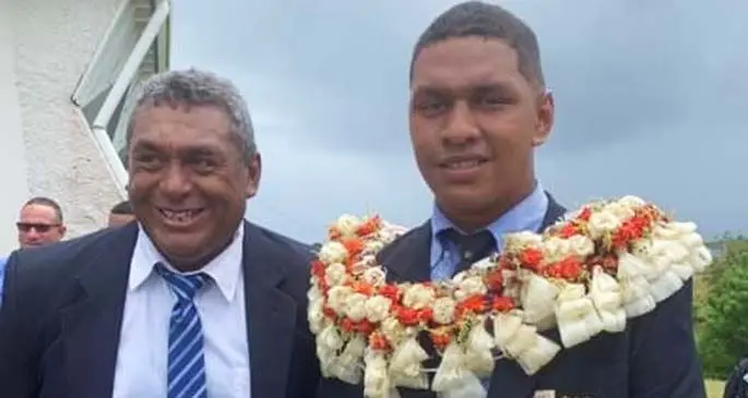 Joseph Mitchell with his father Leslie Percy Mitchell after the ceremony at the school in Tailevu on February 2, 2020.