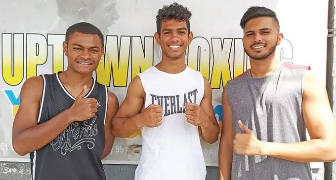 From left: Amateur boxer Maloni Vakatawa, Nathaniel ‘The Hornet’ Singh and sparring partner Rishay Singh in Samabula, Suva. Photo: Sheldon Chanel