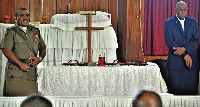 The Republic of Fiji Military Forces (RFMF) Pastor Reverend Ilaitia Tuwere (left) and Nabua Division Pastor Reverend Josefa Sewale during the RFMF Easter church service that was held at the Nabua Methodist Church, Suva, on April 18, 2019. Photo: RFMF Media