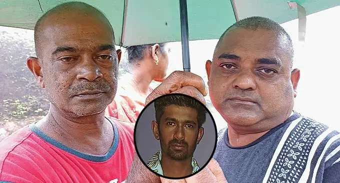 Jitendra Kumar (left), with a relative, Ritesh Dayal near the crime scene at Waisali Hill in Savusavu on March 19, 2024. Photo: Shratika Naidu. Inset: Deceased...Amitendra Kumar