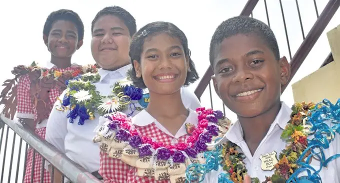 R- L Head boy Apisai Koroi, head girl Amele Tuidraki, deputy head boy Abraham Raqona and deputy head girl Seini Raiwalui at the Namaka Public School prefects induction yesterday. Photo: WAISEA NASOKIA