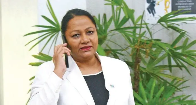 Minister for Local Government Premila Kumar outside Parliament on February 12, 2021. Photo: Ronald Kumar.