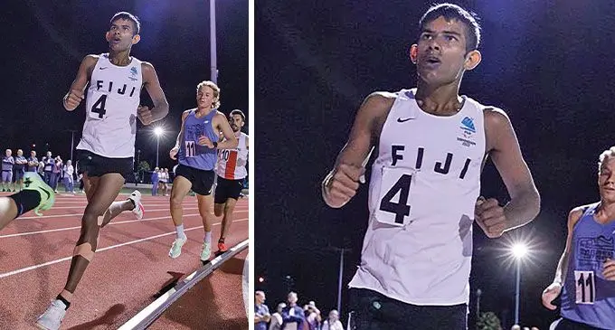 Yeshnil Karan on his way to smashing the national 5000m record at the University of Queensland track in Australia on November 11, 2023. Photo: Oceania Athletics