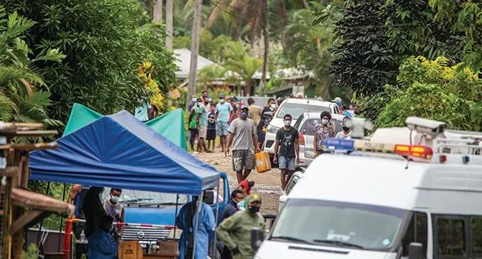 Residents of  Qauia settelment in Lami gathering at thie border  after a planned protest was foiled by police on July 7 2021. Photo- Leon Lord