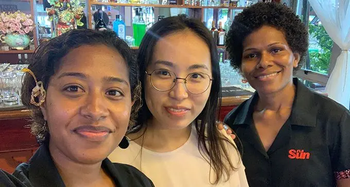 From left: Fiji Sun senior journalist Fonua Talei, Chinese Embassy’s Third Secretary Chen Chen and Fiji Sun’s Deputy Managing Editor Business Lusiana Tuimaisala in Suva on February 14, 2019.  
