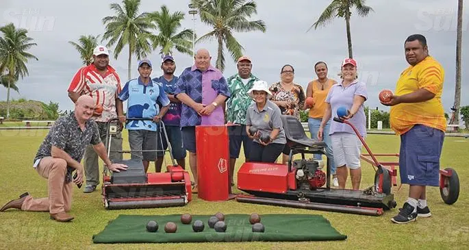 Members of the Suva Bowling Club and the newly donated machines on May 21, 2020. Photo: Ronald Kumar