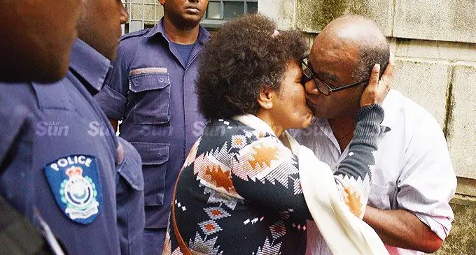 Miliakere Nawaikula says goodbye to her husband Niko Nawaikula outside the courthouse in Suva on May 20, 2022. Photo: Ronald Kumarwould