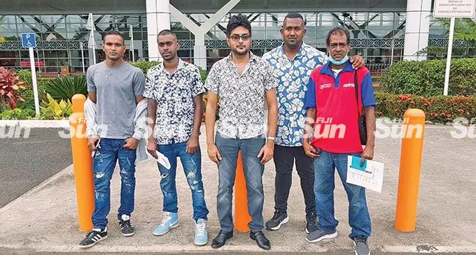 From left: Ronald Naidu, Nitin Lal, World Boxing Foundation Asia Pacific matchmaker/coordinator Simon Naushad, James ‘The Beast’ Singh, and trainer Chanchal Babba Kumar at the Nadi International Airport on March 1, 2022. Photo: Waisea Nasokia
