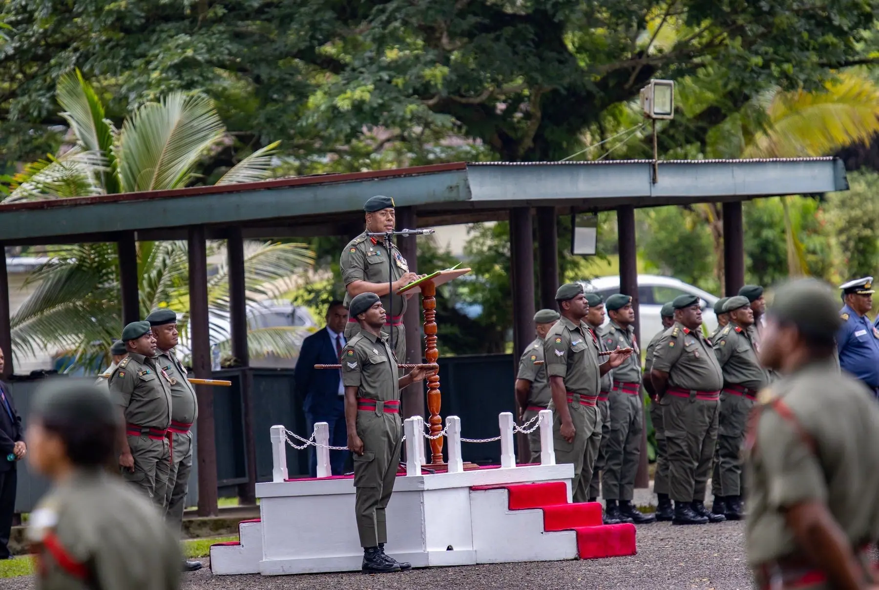 Commander of the Republic of Fiji Military Forces (RFMF), Major-General Ro Jone Kalouniwai, delivers address at the End of Year Parade at the Force Training Ground on December 19, 2025.