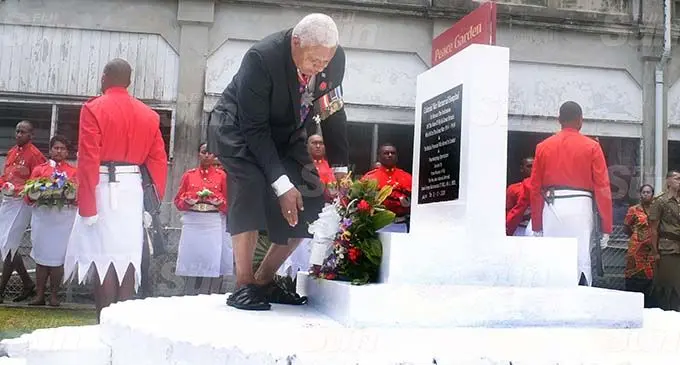 Prime Minister Voreqe Bainimarama laying a wreath at the Colonial War Memorial Hospital (CWMH) Peace Garden to mark Remembrance Day on November 11, 2020. Photo: Ronald Kumar.